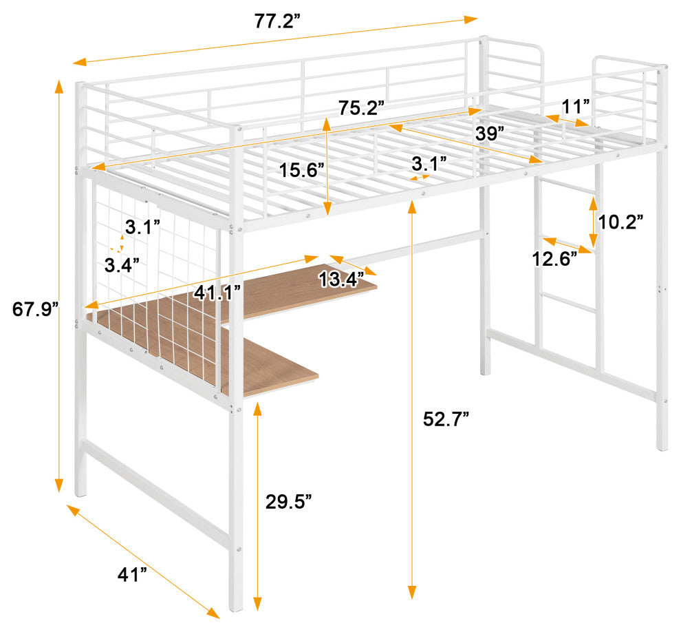 TATEUS Metal Loft Bed With Desk, Sturdy Metal Frame Guardrails Work and Play, White, Twin