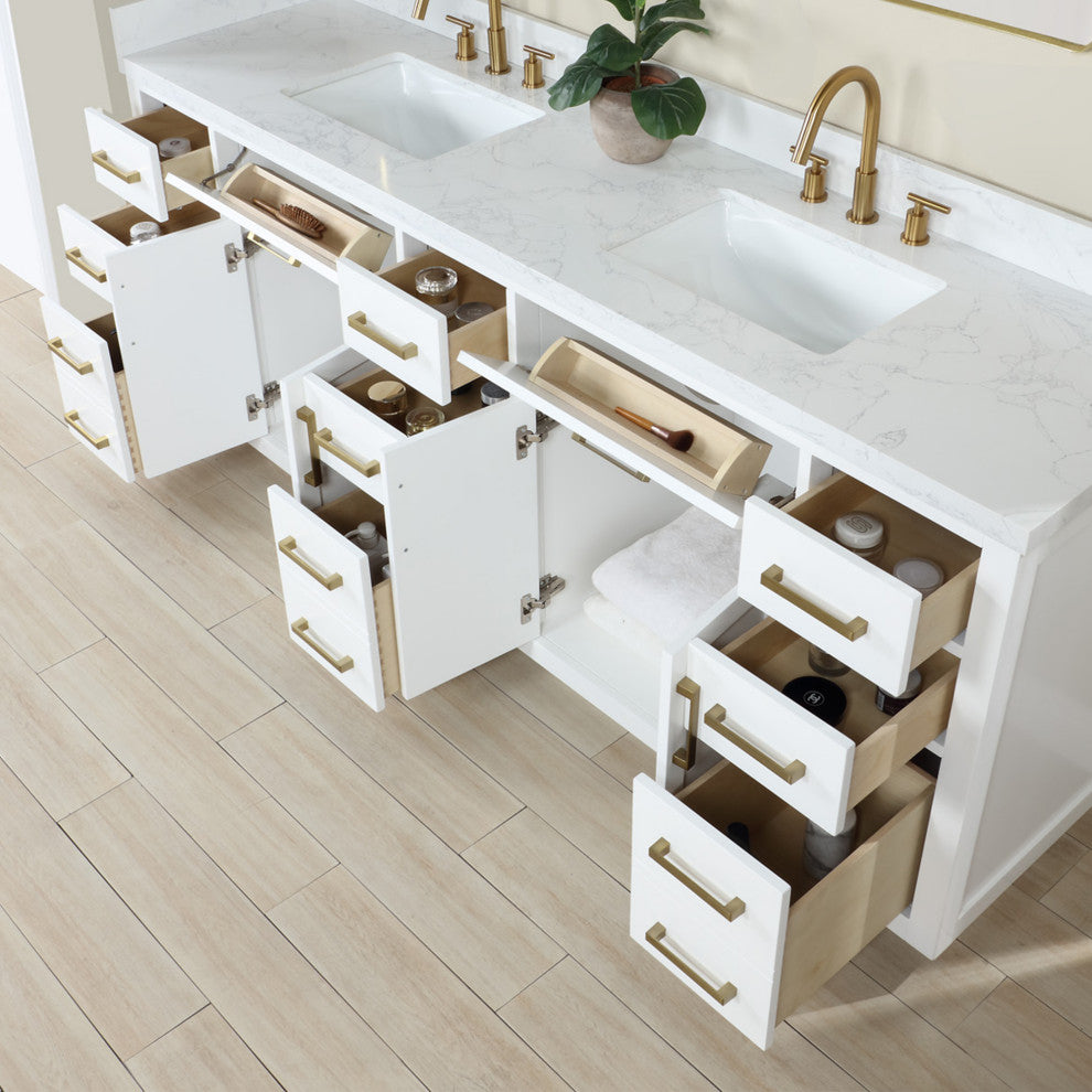 Gavino Vanity With Grain White Composite Stone Top, White/Brushed Gold, 84", With Mirror