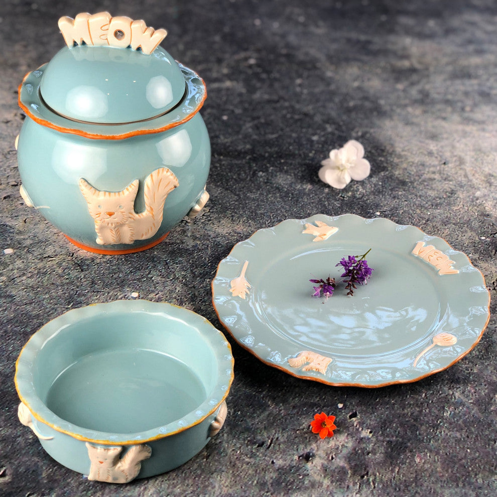 Cat Food And Water Bowl, Sky Blue