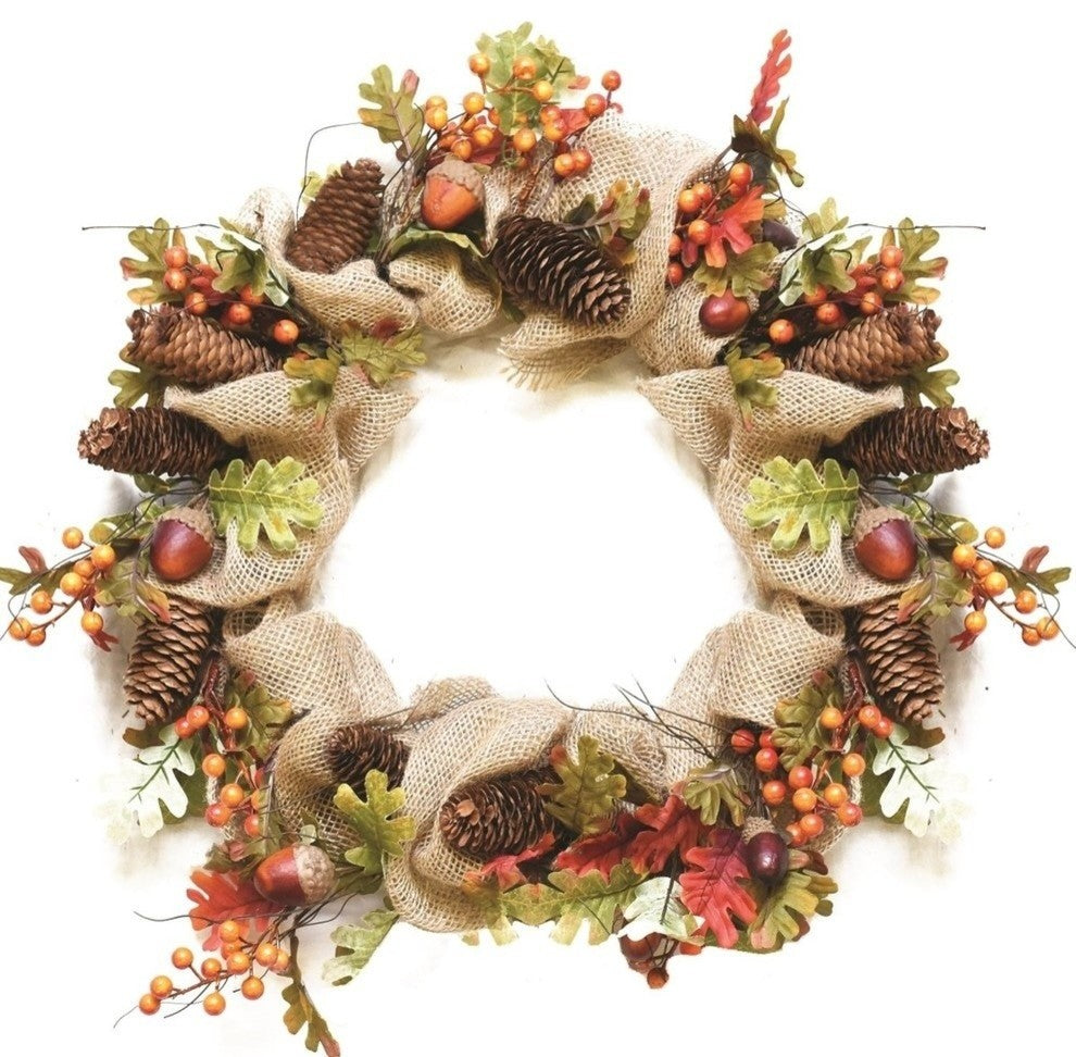 18" Autumn Harvest Leaves Acorns Pinecones and Burlap Wreath