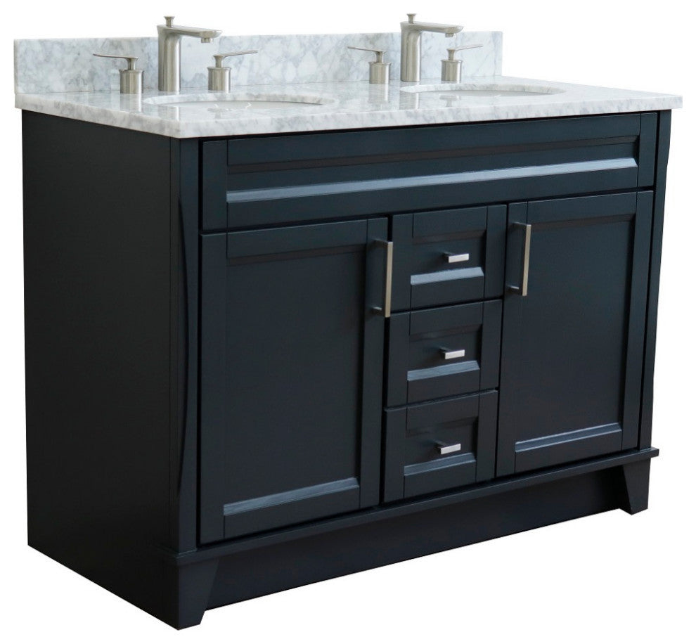 48" Double Sink Vanity, Dark Gray Finish With White Carrara Marble