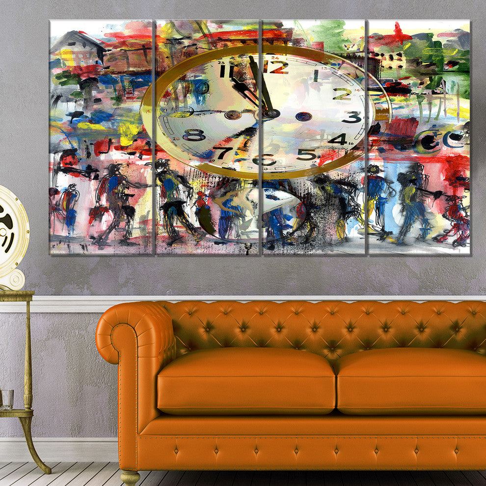 People and Time Acrylic Watercolor, Abstract Canvas Artwork, 48"x28", 4 Panels