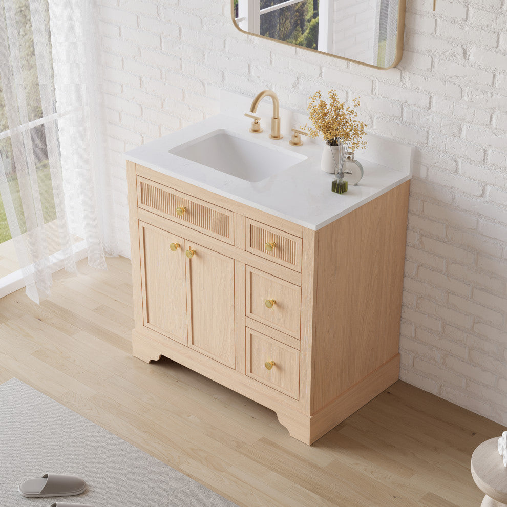 Solid Wood Bathroom Vanity with Carrara White Quartz Top, CUPC-certified Sink, 36"