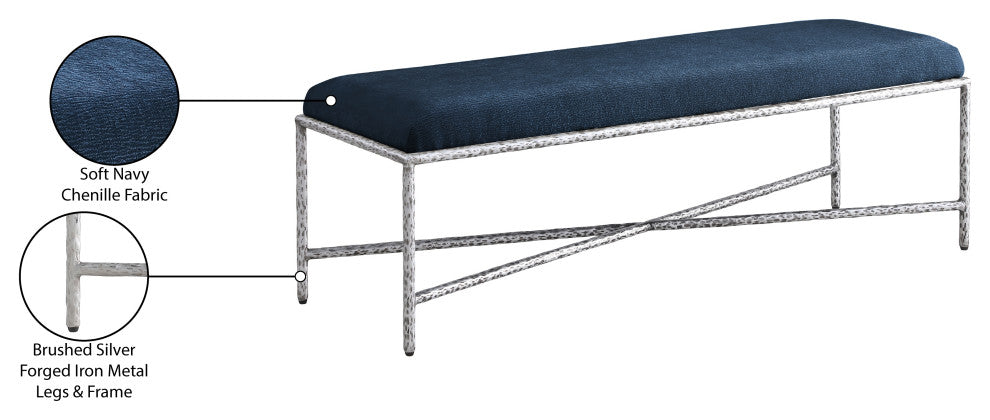 Valley Upholstered Bench, Navy, 54" W x 18" D, Silver, Chenille Fabric