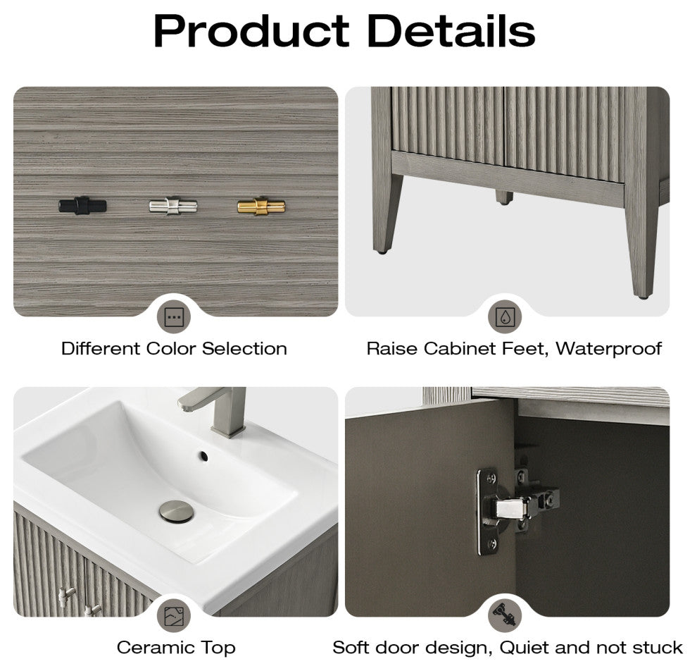 Vanity Art Freestanding Vanity, Driftwood Gray, 24", Single Sink, Brushed Nickel