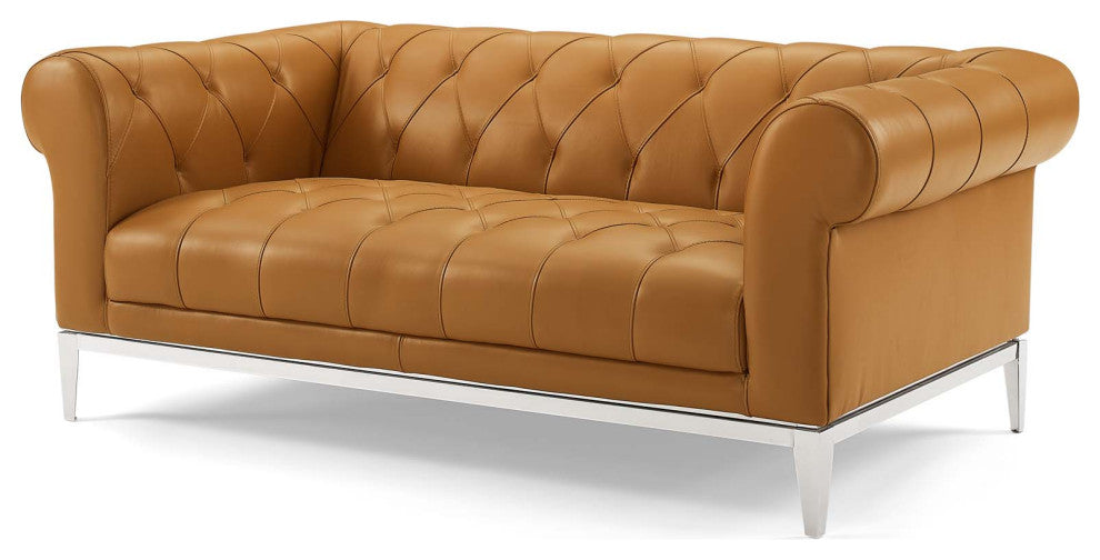 Tufted Armchair and Loveseat Sofa Set, Leather, Tan, Modern, Lounge Hospitality