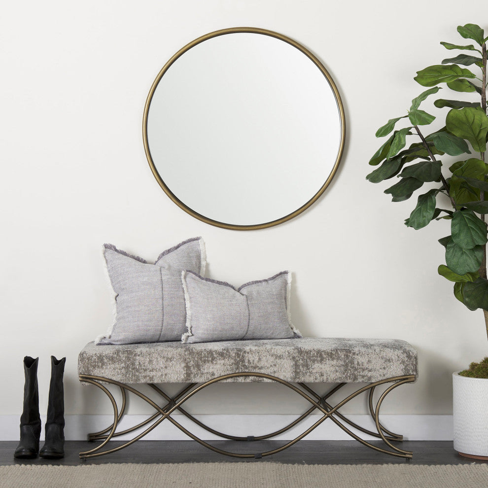 Ayla Light and Dark Gray Fabric Seat With Antique Gold Metal Frame Bench