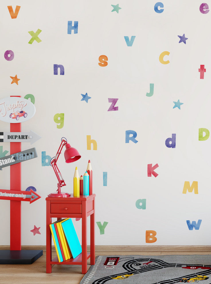 Watercolor Alphabet Vinyl Wall Stickers - Peel and Stick, Rainbow