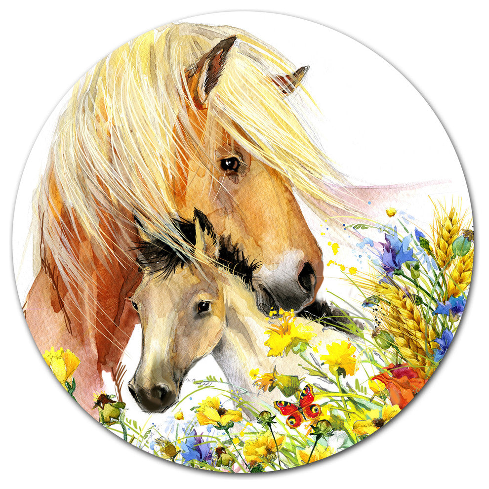 Horse And Foal With Meadow, Animal Disc Metal Artwork, 36"