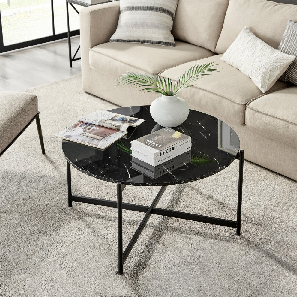 Round Contemporary Marble Finish Veneer Top Black Coffee Table, Black/Black