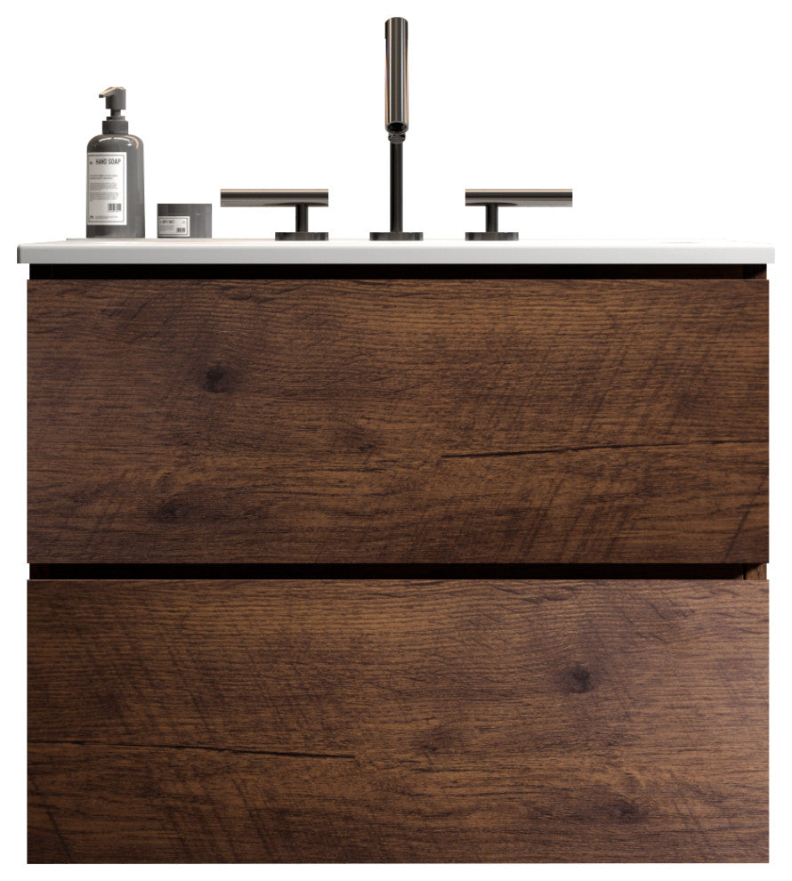 Wall-Mounted Bathroom Vanity Set with Ceramic Sink with three faucet holes, Walnut, 24"