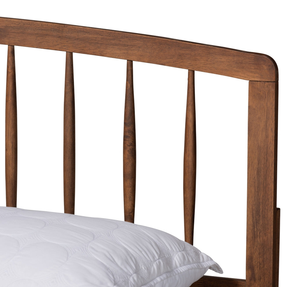 Mid-Century Modern Walnut Brown Wood Queen Size Platform Bed, Slatted Headboard