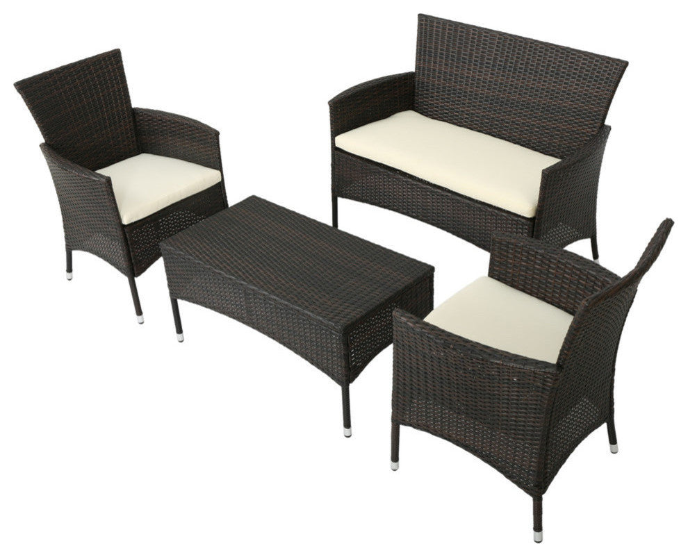 GDF Studio 4-Piece Olivera Outdoor Multi-Brown Wicker Chat With Cushions Set