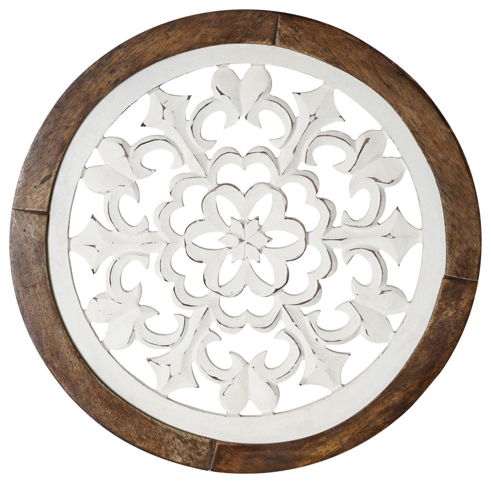 Distressed Wood Framed Round White Arabesque Wall Accent Medallion 16"