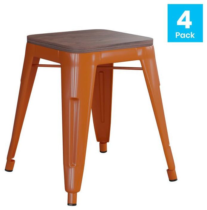 Kai Commercial Grade 18" Barstool with Wooden Seat, Stackable, Set of 4, Orange
