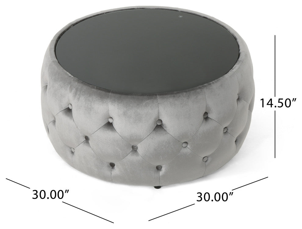 GDF Studio Ivy Glam Velvet and Tempered Glass Coffee Table Ottoman, Smoke/Black
