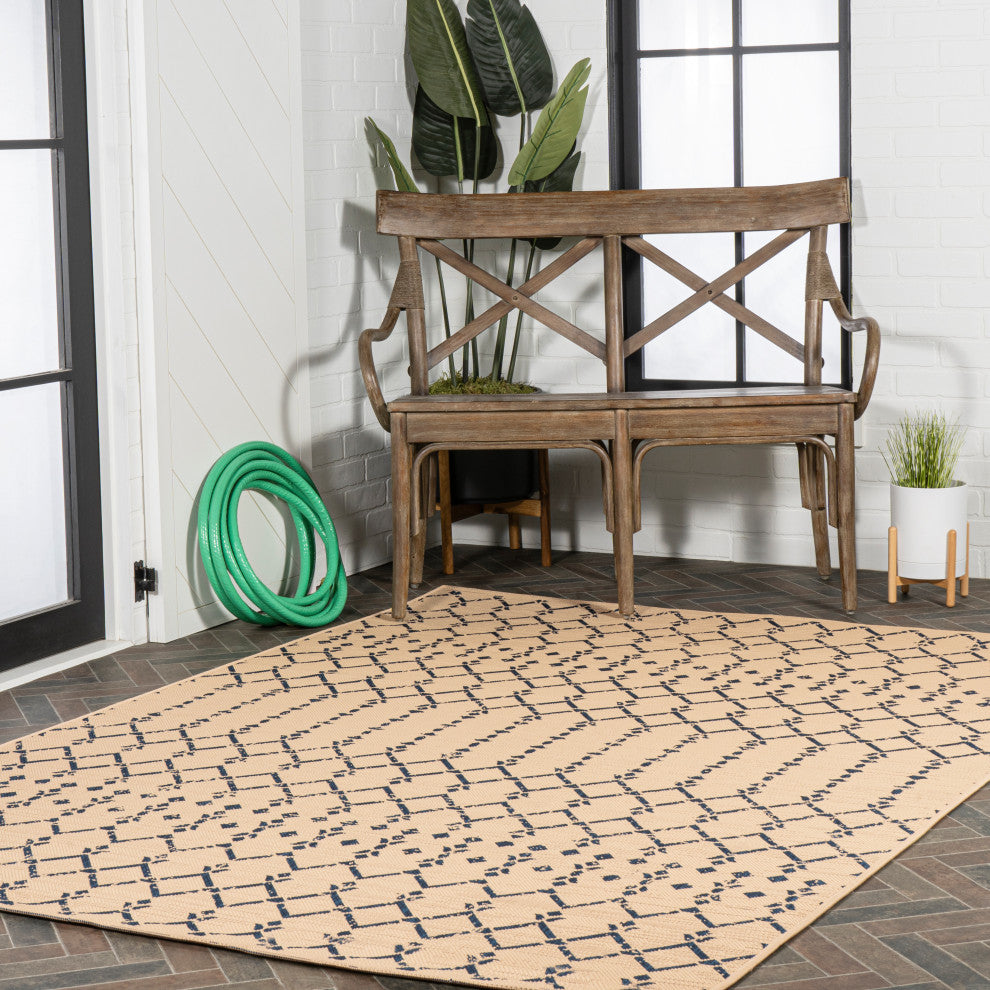 Ourika Moroccan Geometric Indoor/Outdoor Rug, Beige/Navy, 8x10