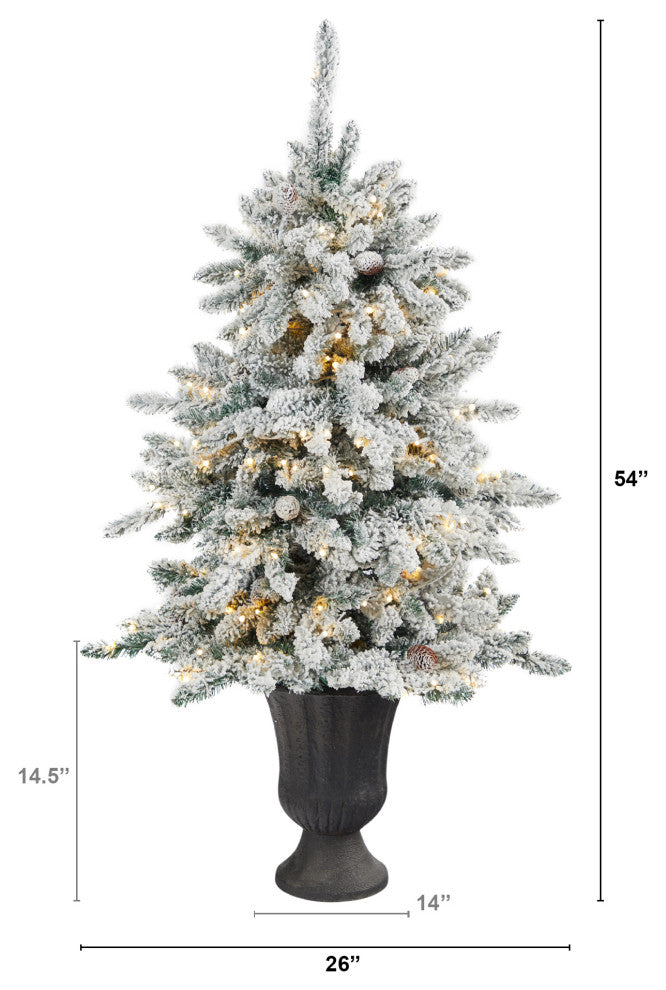 4.5' Flocked Livingston Fir Faux Xmas Tree W/Pinecones & Clear Lights, Urn