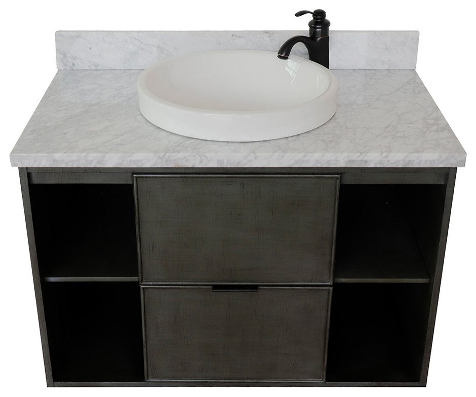 37" Single Wall Mount Vanity, Linen Gray Finish With White Carrara Top