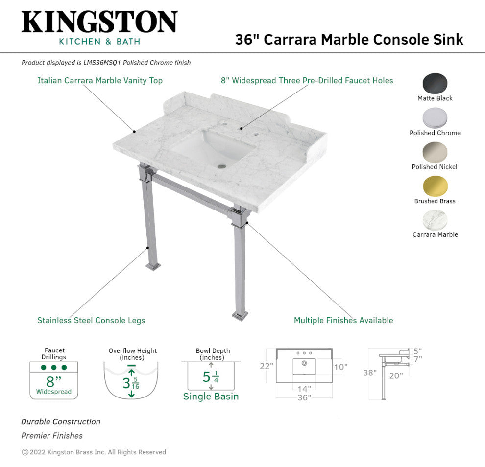 Kingston Brass LMS36MSQ1 36" Carrara Marble Console Sink, Legs