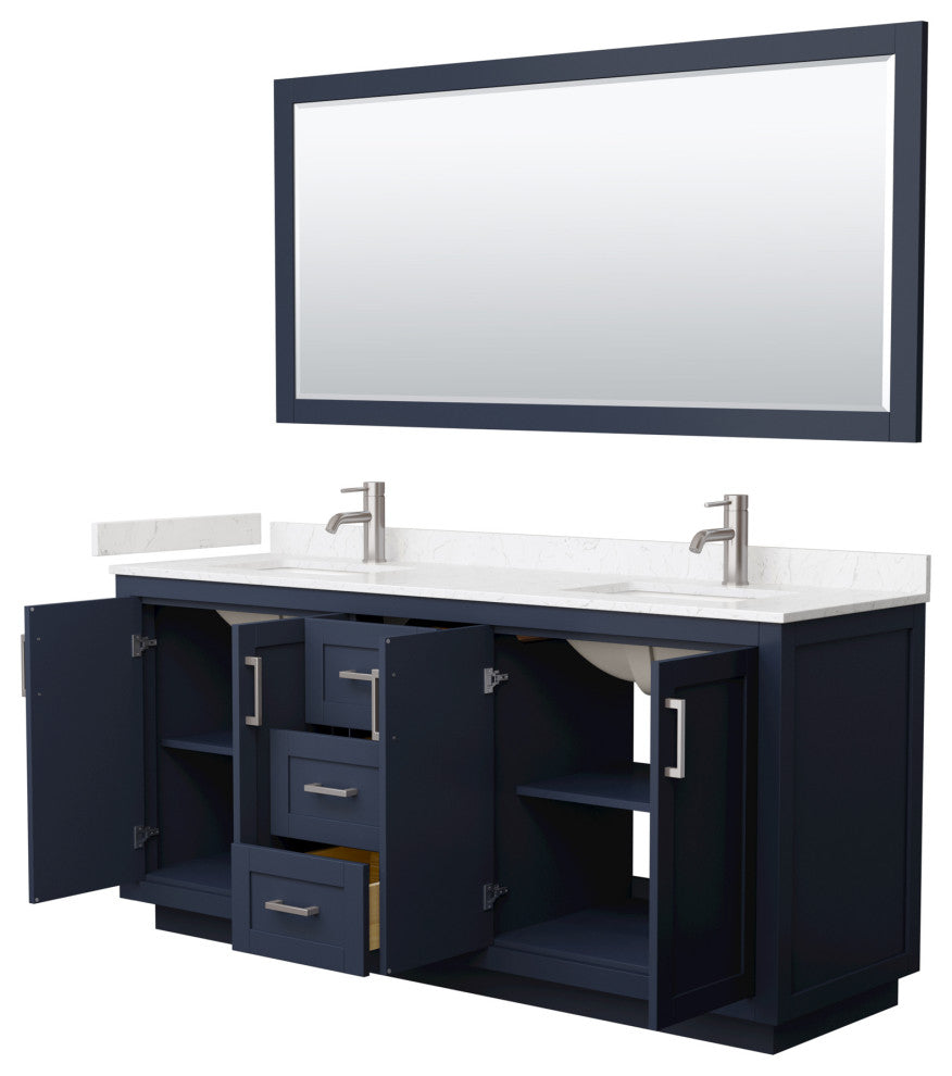 72"DBL Vanity Dark Blue, LV Carrara Cult. Top, Sinks, Nickel Trim, 70"Mirror