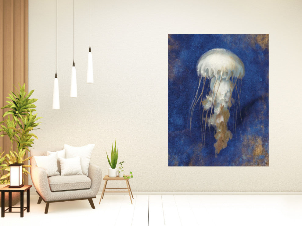 30"  Rustic Deep Blue and Gold Jelly Fish Giclee Wrap Canvas Wall Art