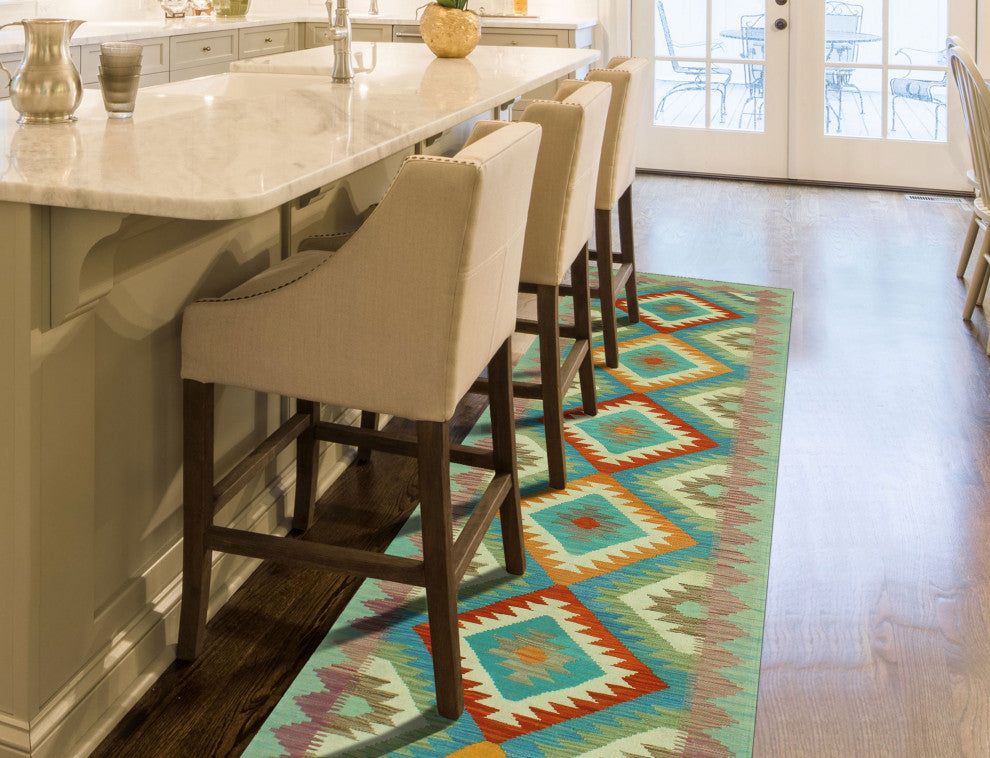 Sangat Kilim Belva Light Green/Blue Runner, 2'7x9'11
