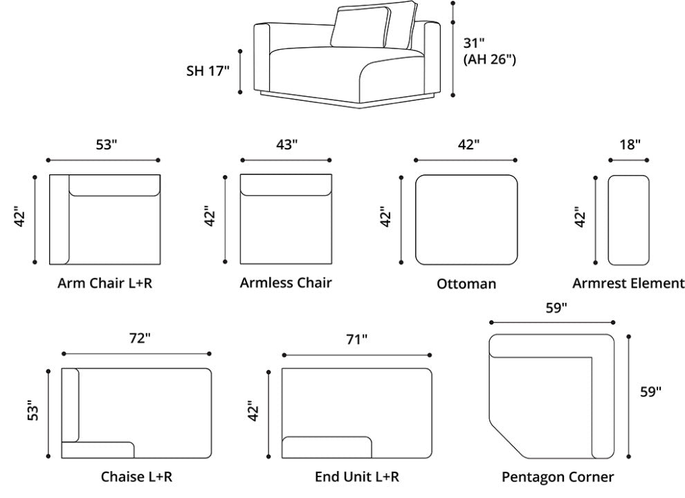 Spruce Modular Left Chaise, Chalk Fabric