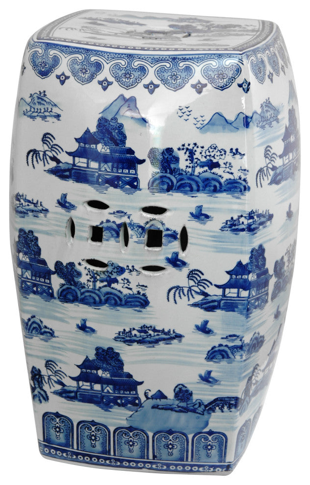 18" Square Landscape Blue and White Porcelain Garden Stool