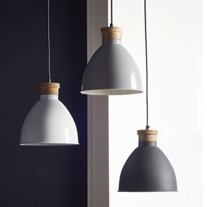 Contemporary Gloss White 1 Light Dome Pendant Metal Wood Modern Minimalist