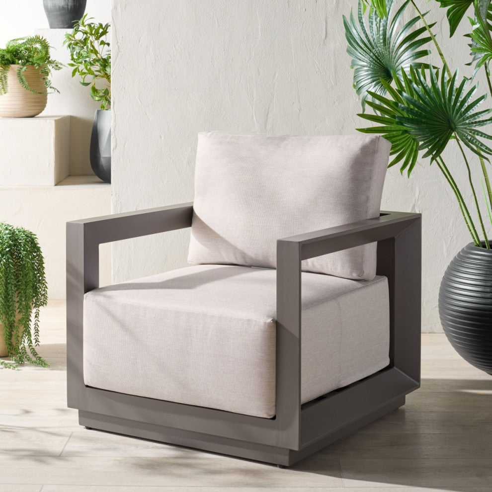 Safavieh Couture Donaldo Aluminum Outdoor Chair, Dark Grey/Beige