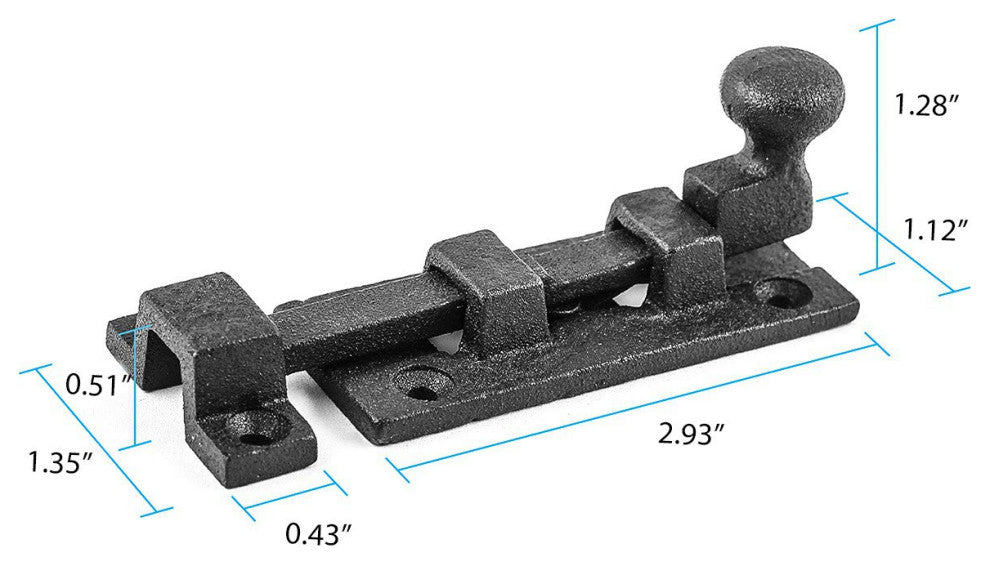 Black Wrought Iron Slide Bolt 3.5" Wide Rustproof Finish Door Bolt