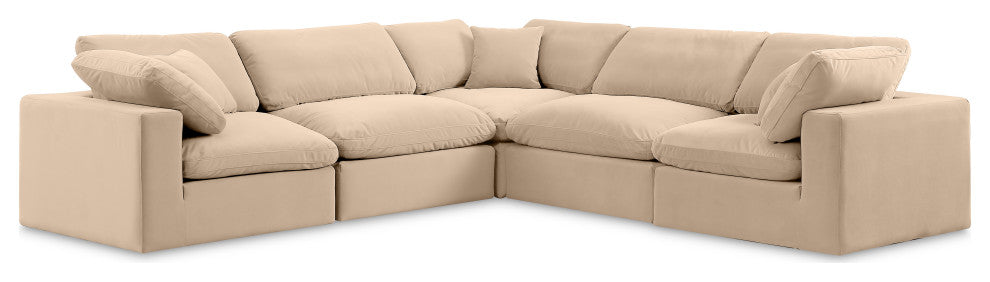 Comfy Upholstered L-Shaped Modular Sectional, Beige, 5-Piece: 2 Armless Chair, 3 Corner Chair, Velvet