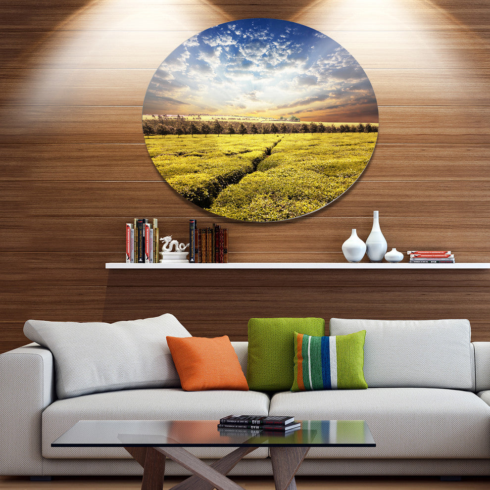 Tea Plantation Under Cloudy Sky, Landscape Round Wall Art, 36"