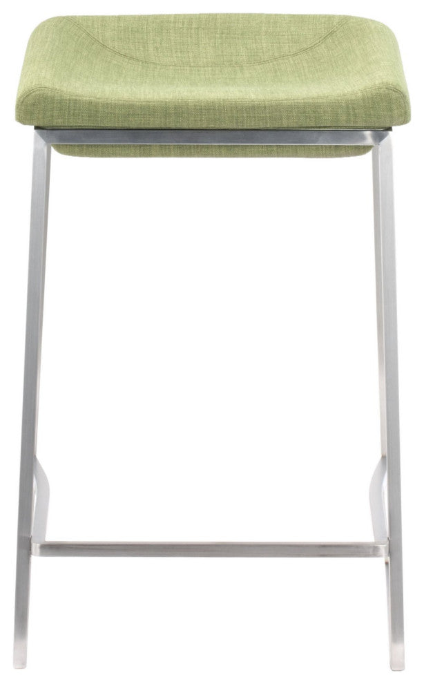 Counter Stool Chair, Set of 2, Steel Metal, Fabric, Green, Silver, Cafe Bistro