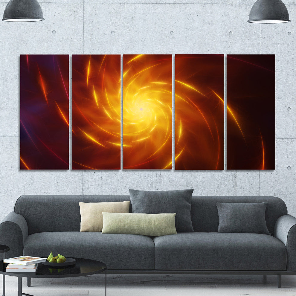 Yellow Whirlpool Fractal Spirals, Abstract Art on Canvas, 60"x28", 5 Panels