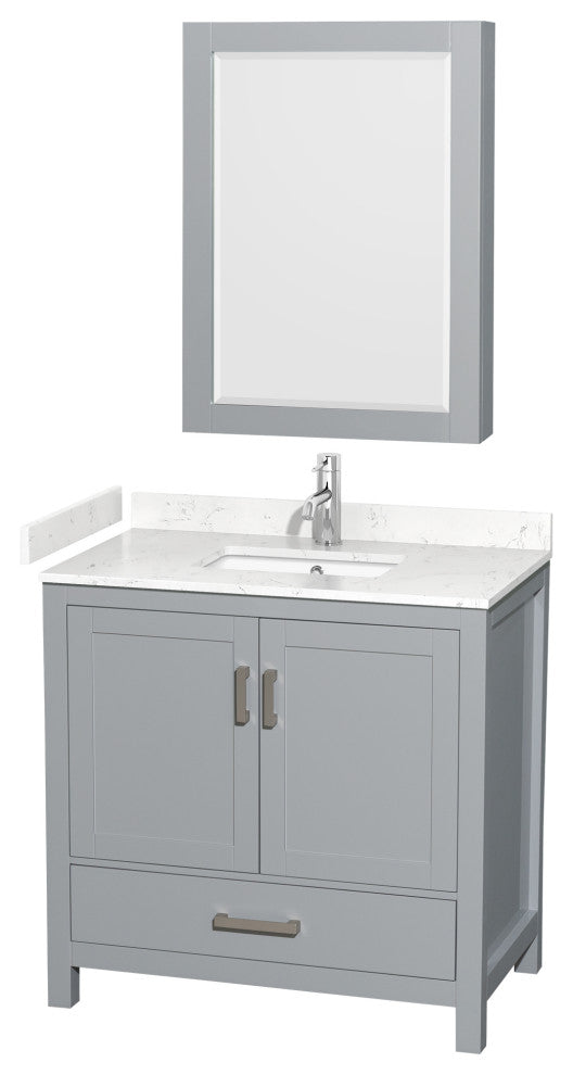 36"SGL Bathroom Vanity Gray, Carrara Cult. Marble Countertop, Sink, Med. Cabinet