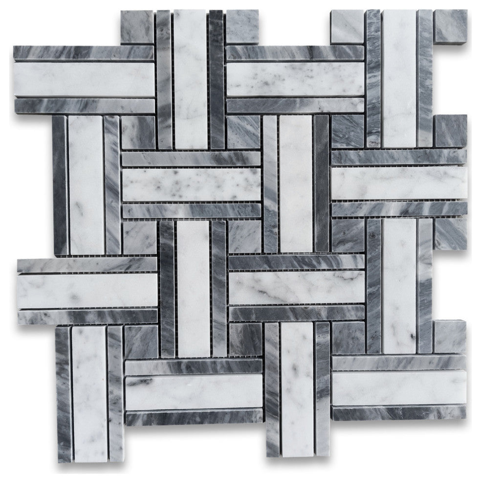 Carrara White Marble Twine Basketweave Mosaic Tile Bardiglio Gray, 1 sheet