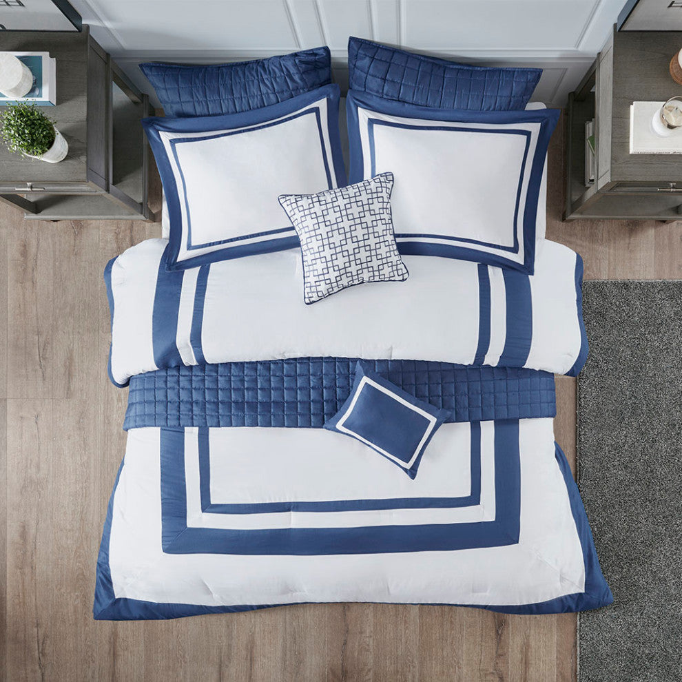 Madison Park Heritage 8 Piece Comforter and Quilt Set Collection, Navy