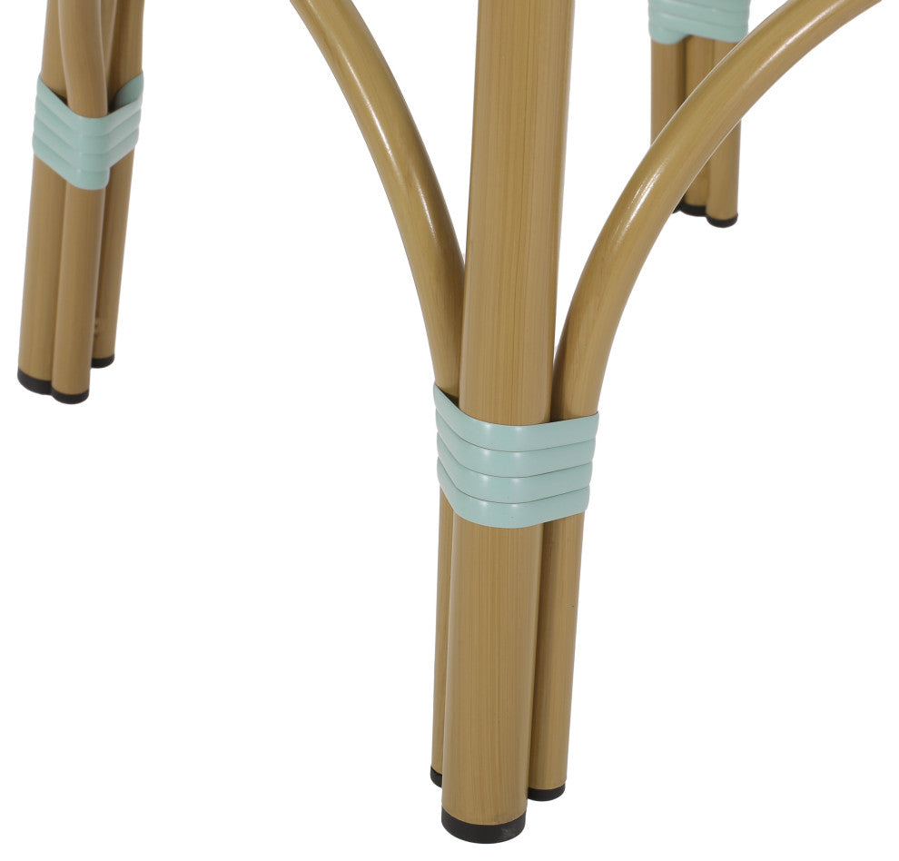 Dohney Outdoor French Aluminum 29.5" Barstools, Set of 2, Light Teal/White/Bamboo Finish
