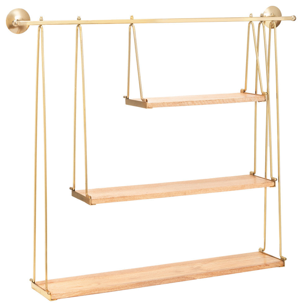 Luna Three Tier Wall Mounted Shelf, Gold, Natural Wood