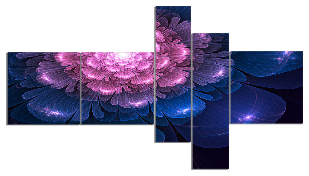 Fractal Flower Pink and Blue, Floral Art Canvas Print, 60"x32", 5 panels