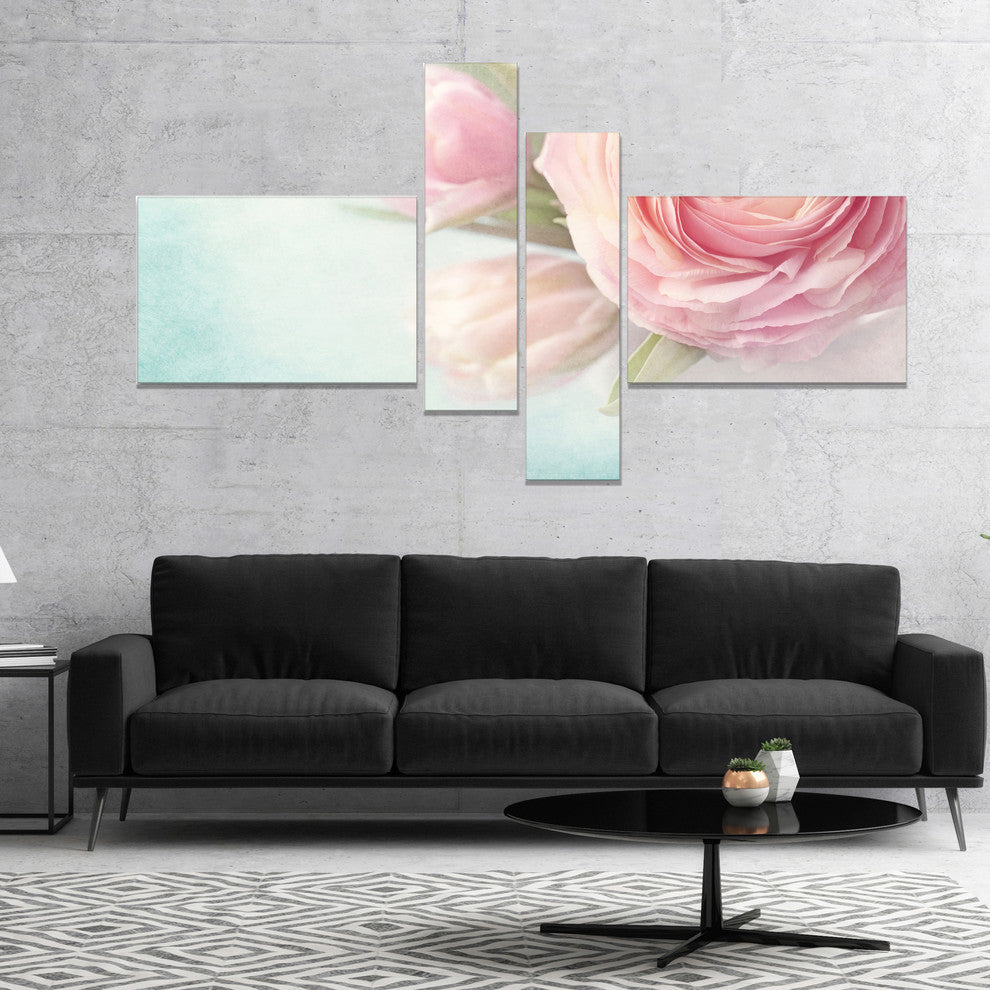 Pink Flowers against Blue Background, Floral Canvas Art Print, 60"x32", 4 panels
