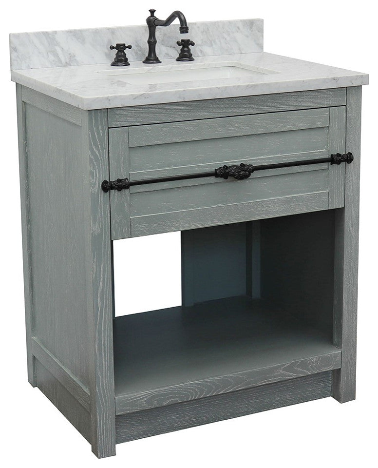 30" Single Vanity, Gray Ash, White Carrara Top, Rectangle Sink