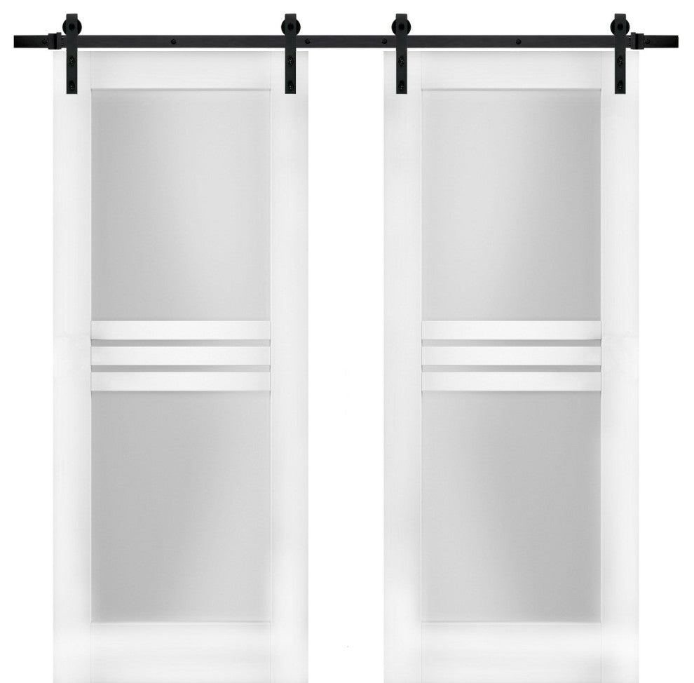 Double Barn Doors Opaque Glass 4 Lites / Mela 7222 White Silk / 13FT Rail, 64" X 96" ( 2* 32x96)