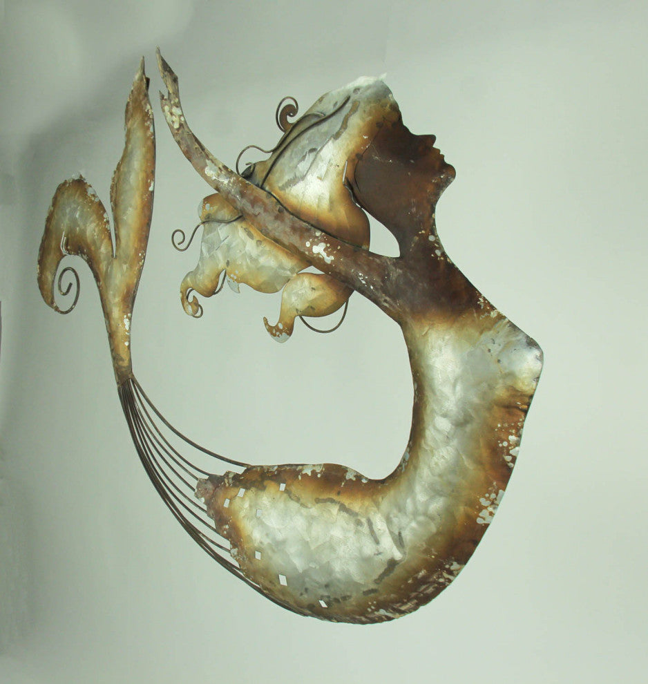 Distressed Metal Art Swimming Mermaid Wall Sculpture