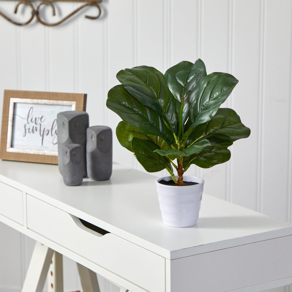 11" Fiddle Leaf Artificial Plant, White Planter, Real Touch