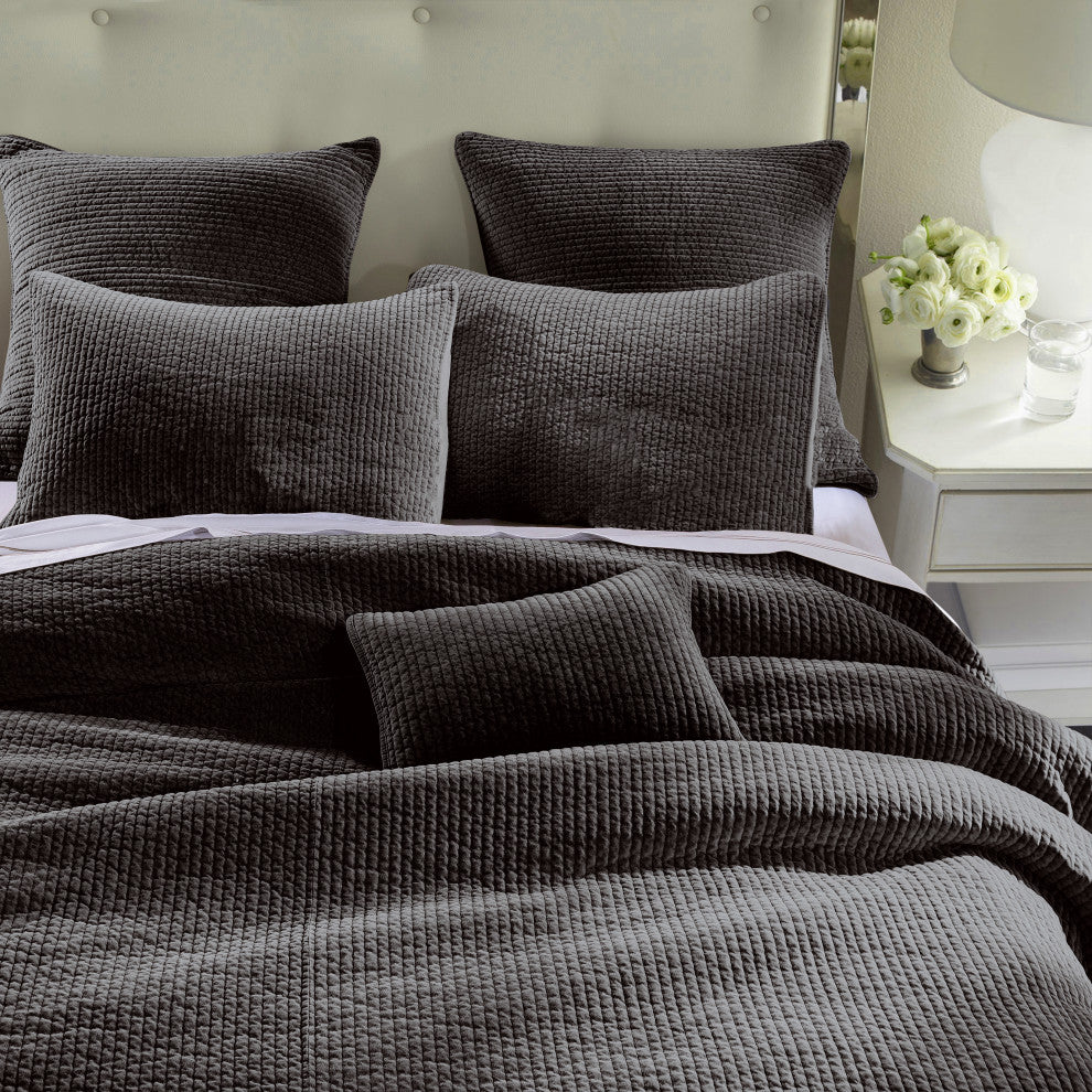Stonewashed Cotton Velvet Quilt Set, King, Black, 3 Piece