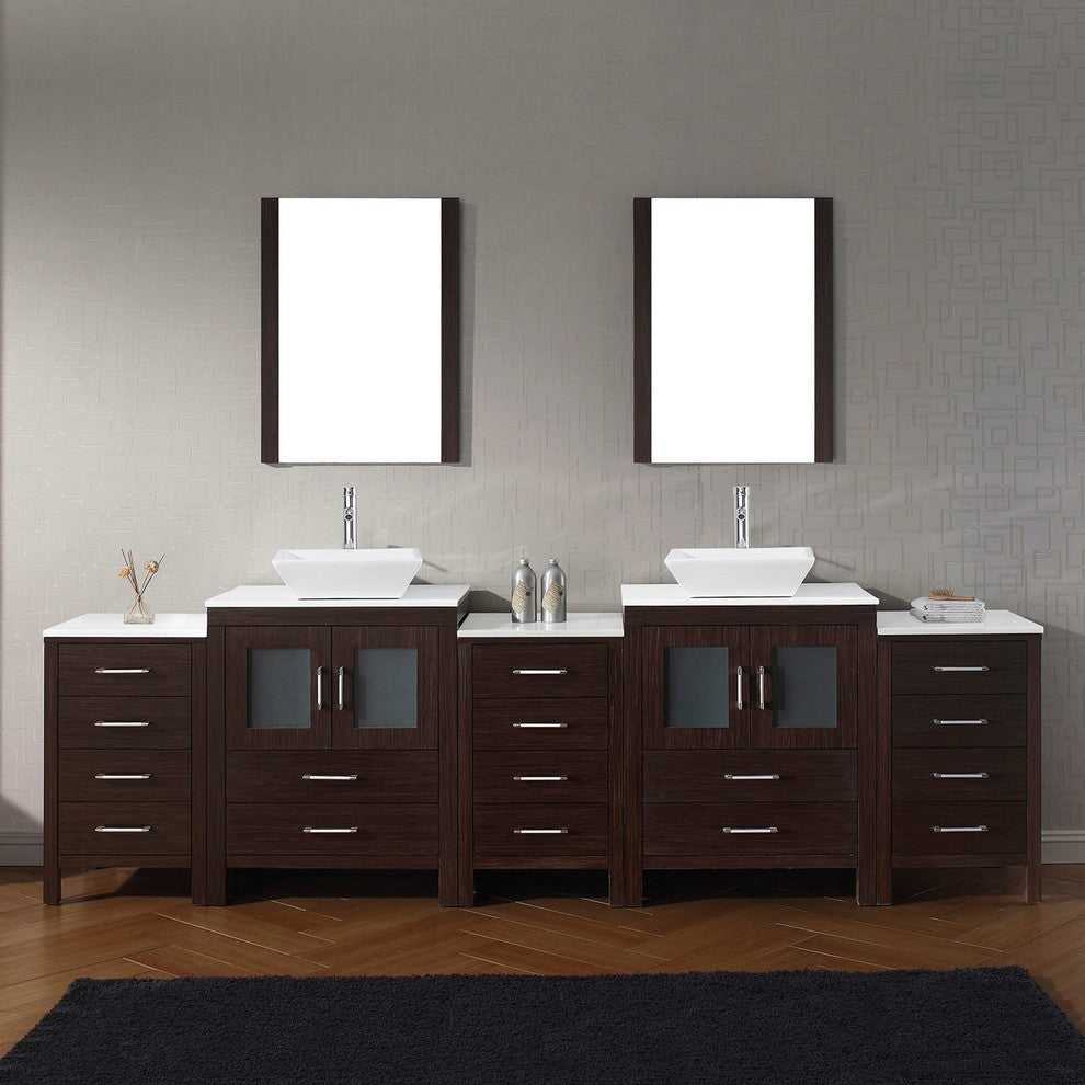 Dior 110" Double Bathroom Vanity, Espresso, White Stone, Chrome Faucets
