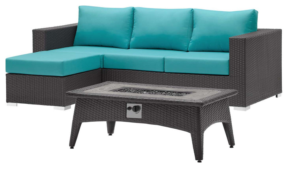 Modern Outdoor Sofa, Chair and Coffee Table Fire Pit Set, Fabric Rattan, Blue